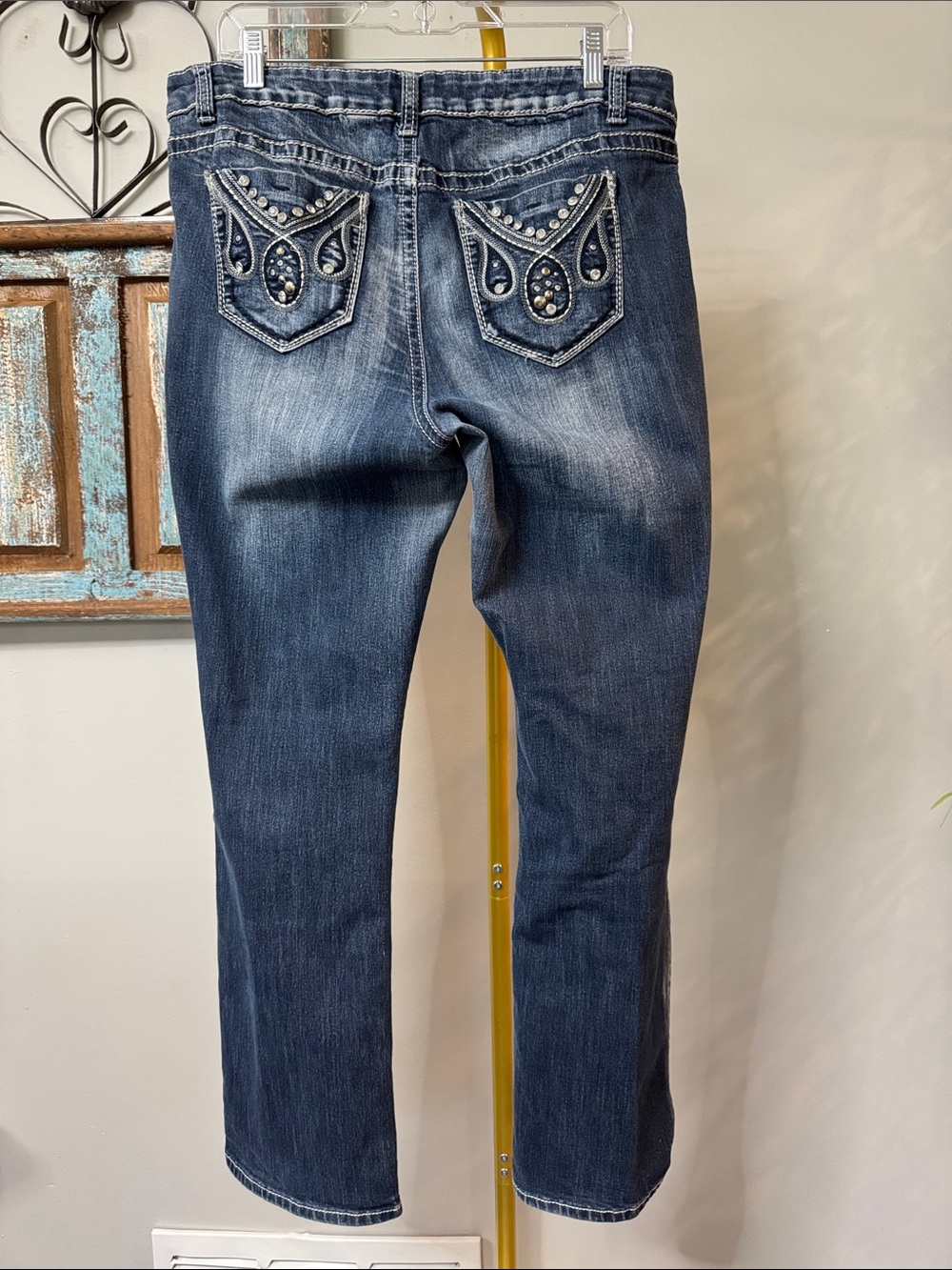 Amadi Straight Leg low rise Jeans and crystal studded Back Pockets heavy stitch